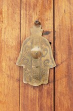 Ornamental brass handle in the shape of a hand on wooden door