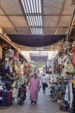 People stroll through a covered shopping alleyway with various goods