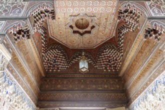 Magnificent, detailed vaulted ceiling full of geometric patterns and wooden elements, Bahia Palace
