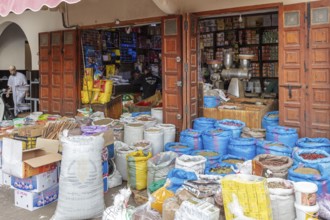 Open shop full of bags and products, traditional product presentation with wooden doors