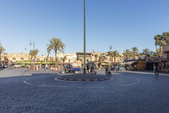 Wide round square with palm trees and surrounding buildings under a clear sky