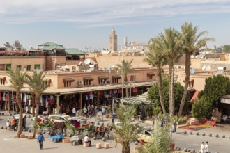 Lively market scene with palm trees and a minaret in traditional surroundings when the sun is