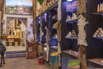 A traditional market with lots of products on shelves, illuminated by warm light and decorated with