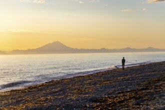 Young man walking along the beach at sunset, view across Cook Inlet to white mountain peaks of