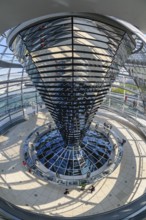 Interior view with fisheye effect of the glass dome of the Reichstag building with the cone-shaped