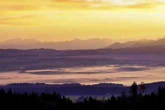 View from Horben of the Reuss Valley covered in fog, behind it the Alpstein with the Säntis in the
