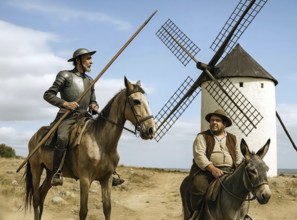 Don Quixote, Don Quixote rides in rusty armor on his rickety horse Rosinante, next to him Sancho