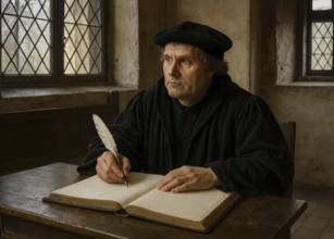 The reformer Martin Luther sits in his study and writes, symbolic image faith, church,