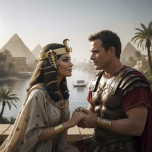 Cleopatra and Mark Antony in front of the pyramids, symbol Mark Antony, Roman Empire, Egypt,