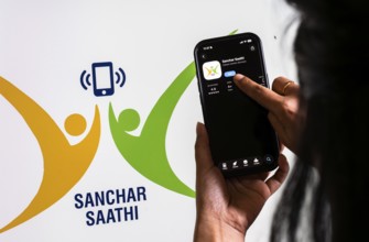 In this photo illustration, a person downloads the Sanchar Saathi mobile application on an iPhone,