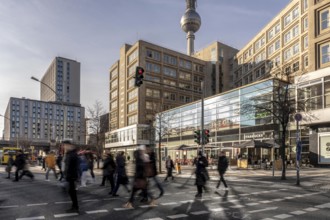 Passers-by on a Grunerstraße pedestrian crossing near Alexander Platz, Berlin Radio Tower, Berlin,