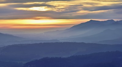 View of the Jura foothills from the Gisliflue, in the light of the setting sun, Talheim, Canton,