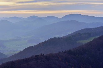 View of the Jura foothills from the Gisliflue, in the light of dusk, Talheim, Canton, Aargau,