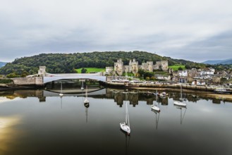 Conwy Castle over River Convy from a drone, Convy, North Wales, England, United Kingdom