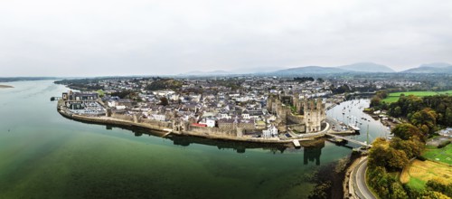 Caernarfon Castle from a drone, Caernarfon, Gwynedd, North-West Wales, UK