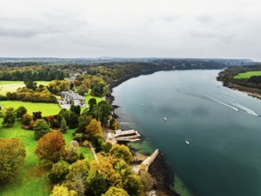 Autumn over Plas Newydd House from a drone, Gardens and Parkland, Llanfairpwllgwyngyll, Anglesey,