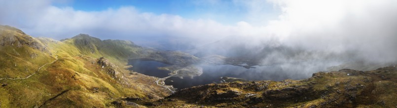 Pyg Track over Llyn Llydaw lake from a drone, Pen-y-Pass, mountain pass, Snowdonia, Gwynedd,
