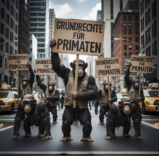 A group of chimpanzees demonstrates and demands basic rights for primates, symbolic image law,