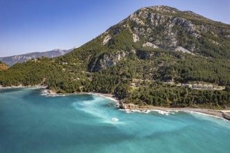 Landscape, coast and beach near the village of Pili or Pelio seen from the air, Euboea or Evia