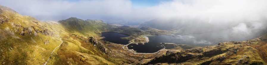 Pyg Track over Llyn Llydaw lake from a drone, Pen-y-Pass, mountain pass, Snowdonia, Gwynedd,