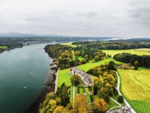 Autumn over Plas Newydd House from a drone, Gardens and Parkland, Llanfairpwllgwyngyll, Anglesey,