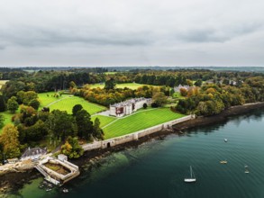 Autumn over Plas Newydd House from a drone, Gardens and Parkland, Llanfairpwllgwyngyll, Anglesey,