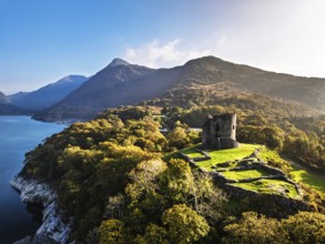 Autumn over Ruins of Dolbadarn Castle from a drone, Llanberis, Llywelyn, North Wales, UK