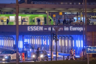 The main train station in Essen, blue-lit underpass, bus station, am Europaplatz, public transport