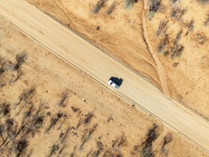 Travel, aerial view, car driving on road through arid landscape, Kunene region, Namibia