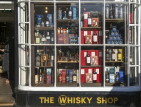 Shopfront window display The Whisky Shop store, Cathedral Close, Exeter city centre, Devon,