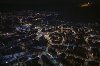 Panoramic view of a city at night with illuminated streets and buildings, Nagold, Calw district,