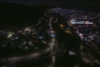 View of night roads along a hill with lights and shadows, Nagold, Calw district, Germany