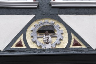 Decoration on half-timbered house, Barfüsserstraße, Marburg, Hesse, Germany
