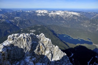 View of Lake Eibsee lake from the mountain station of the Zugspitz cable car (2962 m), Grainau