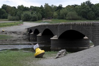 View of Old Bridge Asel, Edersee without water, Hesse, Germany