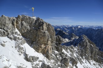Zugspitze summit cross (2962 m), in the background the Wetterstein Mountains, Grainau municipality,