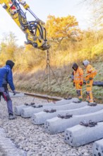 Construction workers supervise the use of an excavator for laying concrete ties, Hermann Hesse