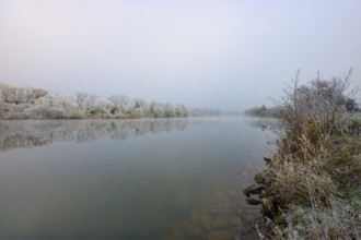 Frost-covered banks and fog-covered landscape on a quiet winter river, hoarfrost, winter, Boxtal,