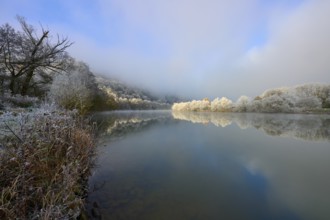Snowy banks and fog-covered trees are reflected in the quiet lake, hoarfrost, winter, Boxtal,