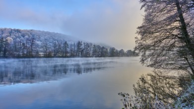 The river in a foggy winter landscape at sunrise with frosty trees and calm water, hoarfrost,