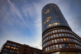 Columbus House, Hafencity, Free and Hanseatic City of Hamburg, twilight, evening, blue hour,