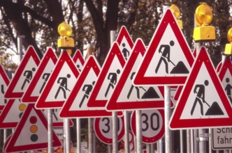 Traffic signs on a building yard in Bavaria, Germany