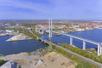 Aerial view over New Rügen Bridge and the old drawbridge at Stralsund along the Strelasund, sound