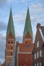 St. Mary's Church towers, brick Gothic, built between 1265 and 1351, Hanseatic City of Lübeck,