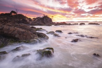 Sunset at Fisherman's Lookout. Dramatic waves and coastal scenery at The Pass, New South Wales,