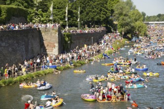 Themed boats at the Nabada boat parade on Schwörmontag, a traditional Ulm holiday, Danube, Ulm,