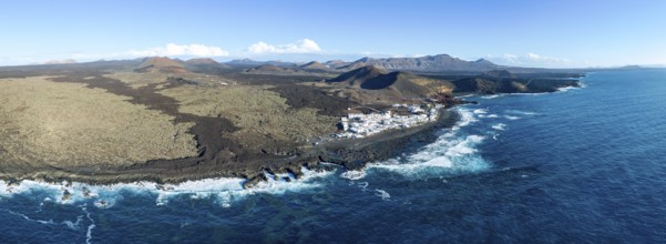 Coastal village fishing village El Golfo, volcanic landscape, coastal landscape, aerial view,