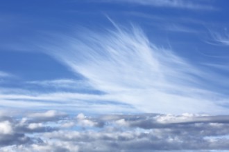 Dramatic white cloud formations against a clear blue sky, Peenetal nature park Park,