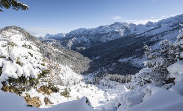 View over snow-covered side valley towards Reintal, snowy mountain landscape, ascent to