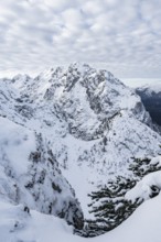View of snowy Waxenstein, view from Längenfelderkopf in winter, Wetterstein Mountains,